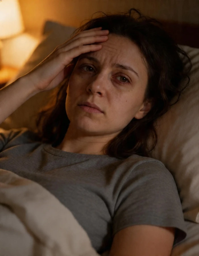 Personne allongée éveillée la nuit, visiblement frustrée de ne pas dormir